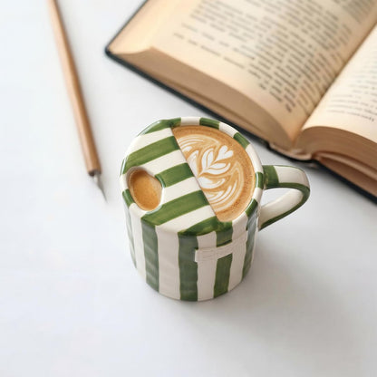 2 Pack Ceramic Mug with Sip Hole, Simple, Green, Brown | 10oz Ceramic Coffee Cup with Straws, Retro Hand Painted Striped, for Iced Coffee Tea Latte Espresso, Kitchen Dining Travel