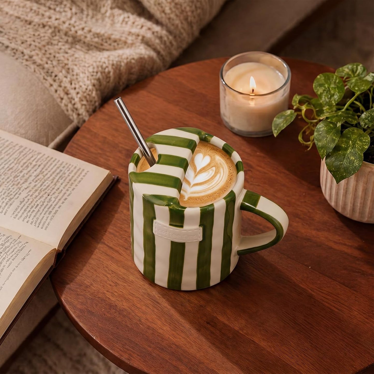 2 Pack Ceramic Mug with Sip Hole, Simple, Green, Brown | 10oz Ceramic Coffee Cup with Straws, Retro Hand Painted Striped, for Iced Coffee Tea Latte Espresso, Kitchen Dining Travel