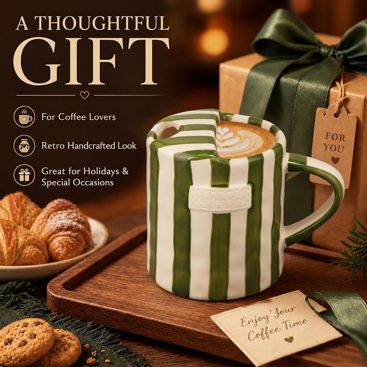 2 Pack Ceramic Mug with Sip Hole, Simple, Green, Brown | 10oz Ceramic Coffee Cup with Straws, Retro Hand Painted Striped, for Iced Coffee Tea Latte Espresso, Kitchen Dining Travel