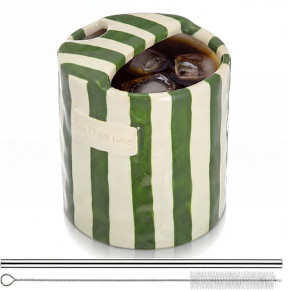 2 Pack Ceramic Mug with Sip Hole, Simple, Green, Brown | 10oz Ceramic Coffee Cup with Straws, Retro Hand Painted Striped, for Iced Coffee Tea Latte Espresso, Kitchen Dining Travel