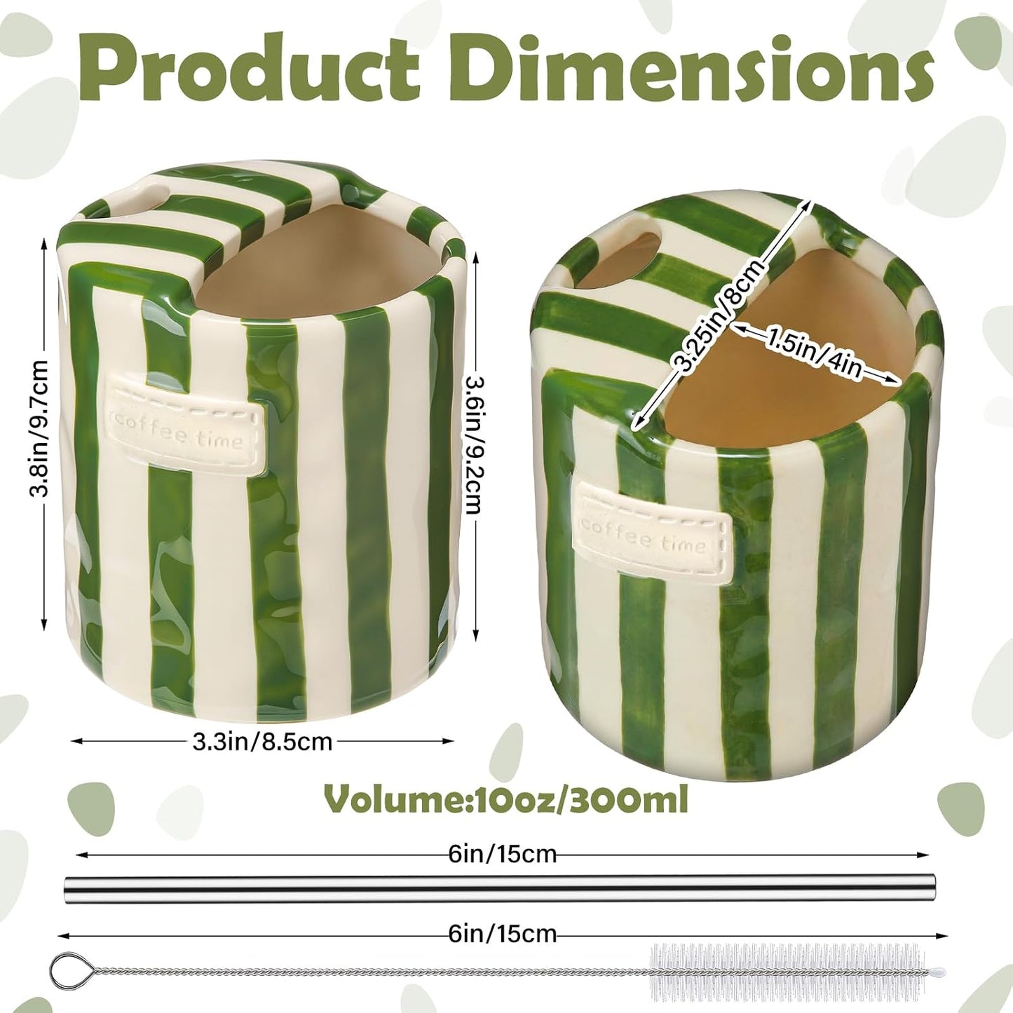 2 Pack Ceramic Mug with Sip Hole, Simple, Green, Brown | 10oz Ceramic Coffee Cup with Straws, Retro Hand Painted Striped, for Iced Coffee Tea Latte Espresso, Kitchen Dining Travel