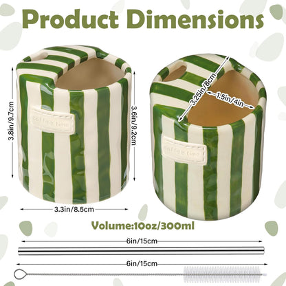 2 Pack Ceramic Mug with Sip Hole, Simple, Green, Brown | 10oz Ceramic Coffee Cup with Straws, Retro Hand Painted Striped, for Iced Coffee Tea Latte Espresso, Kitchen Dining Travel