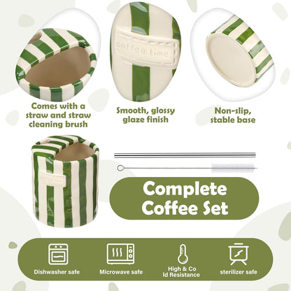 2 Pack Ceramic Mug with Sip Hole, Simple, Green, Brown | 10oz Ceramic Coffee Cup with Straws, Retro Hand Painted Striped, for Iced Coffee Tea Latte Espresso, Kitchen Dining Travel