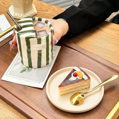 2 Pack Ceramic Mug with Sip Hole, Simple, Green, Brown | 10oz Ceramic Coffee Cup with Straws, Retro Hand Painted Striped, for Iced Coffee Tea Latte Espresso, Kitchen Dining Travel