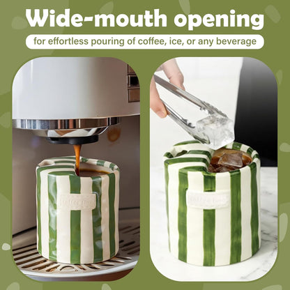 2 Pack Ceramic Mug with Sip Hole, Simple, Green, Brown | 10oz Ceramic Coffee Cup with Straws, Retro Hand Painted Striped, for Iced Coffee Tea Latte Espresso, Kitchen Dining Travel