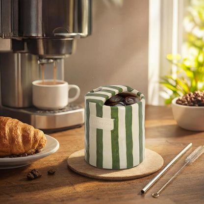 2 Pack Ceramic Mug with Sip Hole, Simple, Green, Brown | 10oz Ceramic Coffee Cup with Straws, Retro Hand Painted Striped, for Iced Coffee Tea Latte Espresso, Kitchen Dining Travel