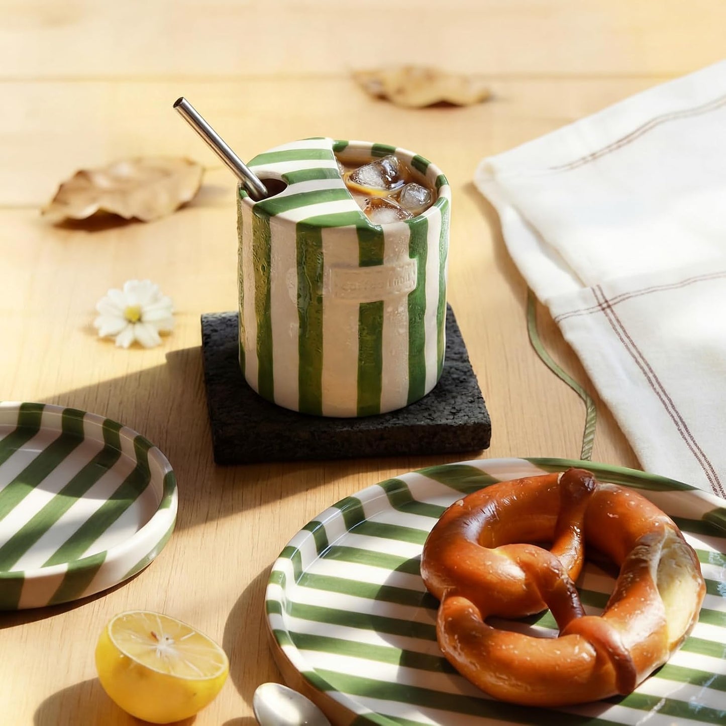 2 Pack Ceramic Mug with Sip Hole, Simple, Green, Brown | 10oz Ceramic Coffee Cup with Straws, Retro Hand Painted Striped, for Iced Coffee Tea Latte Espresso, Kitchen Dining Travel