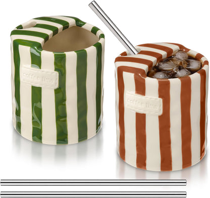 2 Pack Ceramic Mug with Sip Hole, Simple, Green, Brown | 10oz Ceramic Coffee Cup with Straws, Retro Hand Painted Striped, for Iced Coffee Tea Latte Espresso, Kitchen Dining Travel
