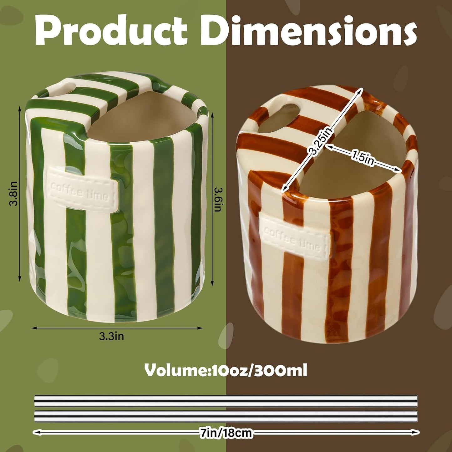 2 Pack Ceramic Mug with Sip Hole, Simple, Green, Brown | 10oz Ceramic Coffee Cup with Straws, Retro Hand Painted Striped, for Iced Coffee Tea Latte Espresso, Kitchen Dining Travel