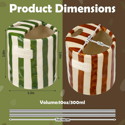 2 Pack Ceramic Mug with Sip Hole, Simple, Green, Brown | 10oz Ceramic Coffee Cup with Straws, Retro Hand Painted Striped, for Iced Coffee Tea Latte Espresso, Kitchen Dining Travel