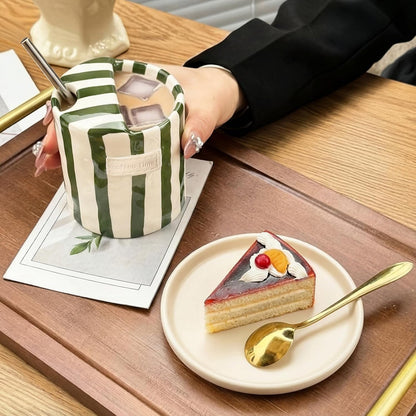 2 Pack Ceramic Mug with Sip Hole, Simple, Green, Brown | 10oz Ceramic Coffee Cup with Straws, Retro Hand Painted Striped, for Iced Coffee Tea Latte Espresso, Kitchen Dining Travel