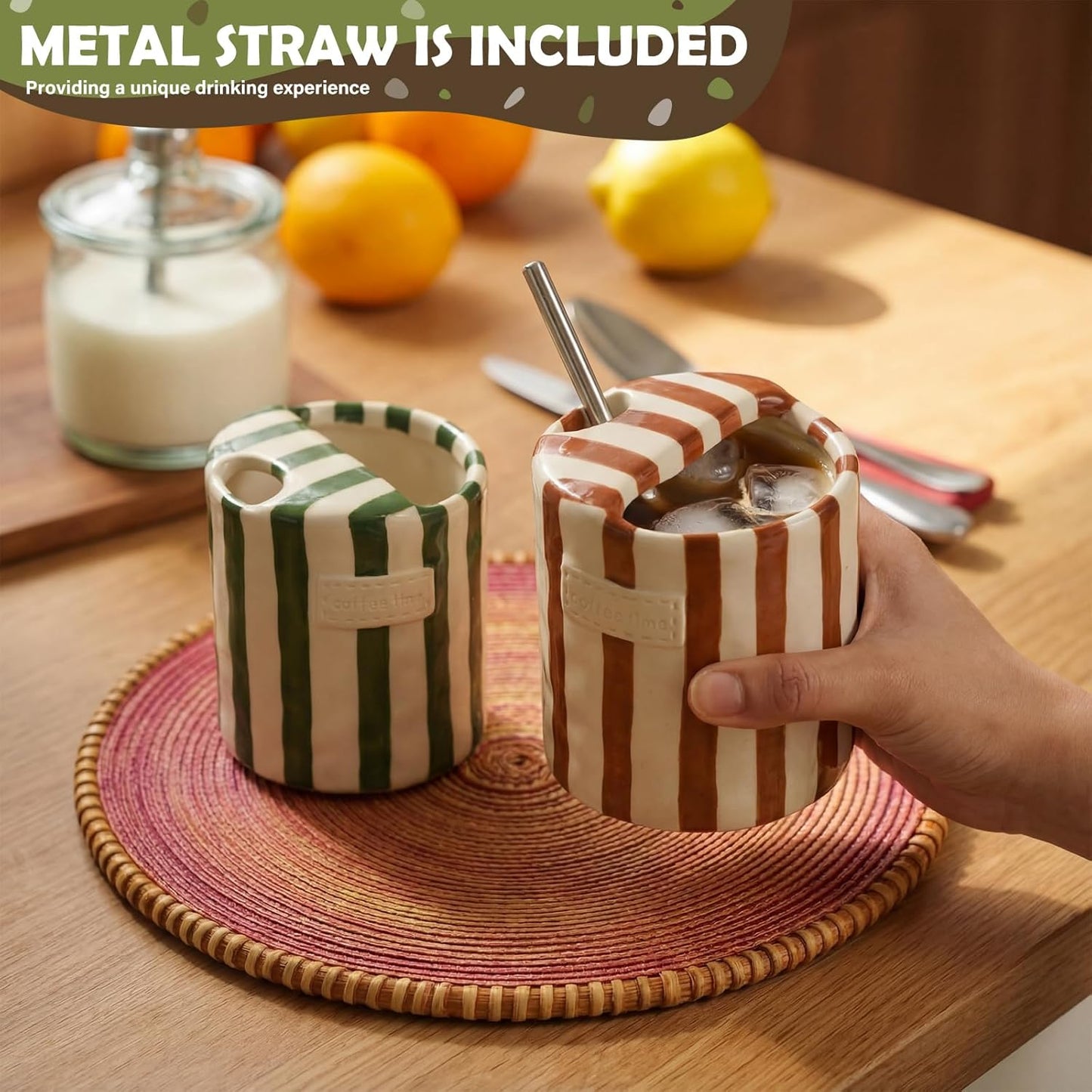 2 Pack Ceramic Mug with Sip Hole, Simple, Green, Brown | 10oz Ceramic Coffee Cup with Straws, Retro Hand Painted Striped, for Iced Coffee Tea Latte Espresso, Kitchen Dining Travel
