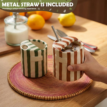 2 Pack Ceramic Mug with Sip Hole, Simple, Green, Brown | 10oz Ceramic Coffee Cup with Straws, Retro Hand Painted Striped, for Iced Coffee Tea Latte Espresso, Kitchen Dining Travel