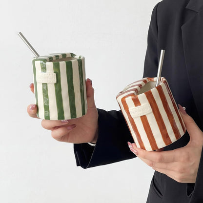 2 Pack Ceramic Mug with Sip Hole, Simple, Green, Brown | 10oz Ceramic Coffee Cup with Straws, Retro Hand Painted Striped, for Iced Coffee Tea Latte Espresso, Kitchen Dining Travel