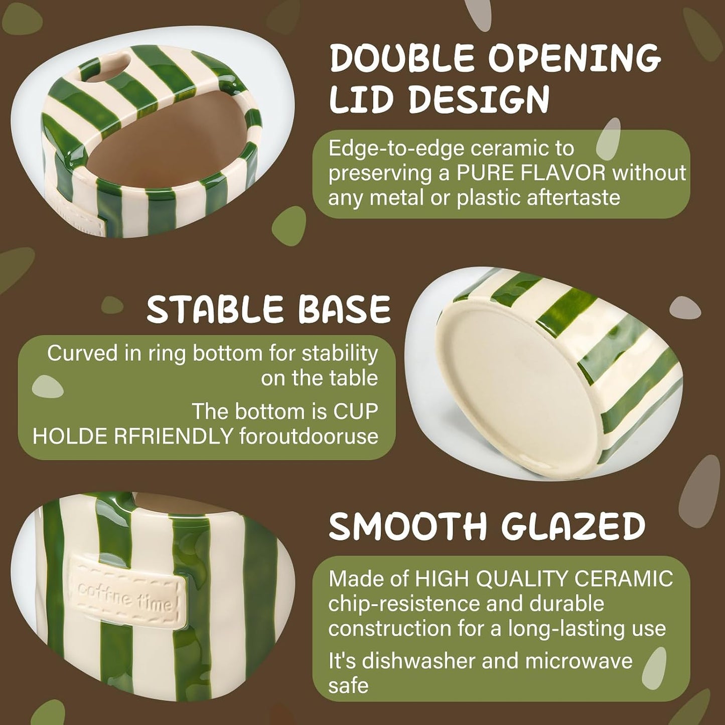 2 Pack Ceramic Mug with Sip Hole, Simple, Green, Brown | 10oz Ceramic Coffee Cup with Straws, Retro Hand Painted Striped, for Iced Coffee Tea Latte Espresso, Kitchen Dining Travel