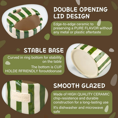 2 Pack Ceramic Mug with Sip Hole, Simple, Green, Brown | 10oz Ceramic Coffee Cup with Straws, Retro Hand Painted Striped, for Iced Coffee Tea Latte Espresso, Kitchen Dining Travel