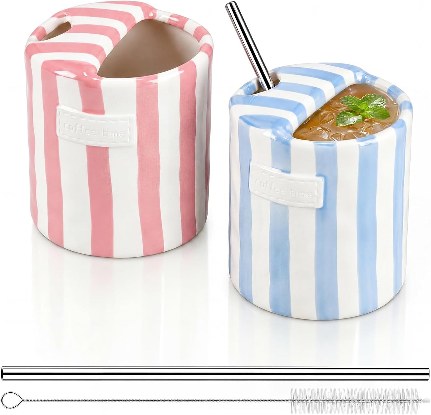 2 Pack Ceramic Mug with Sip Hole, Simple, Green, Brown | 10oz Ceramic Coffee Cup with Straws, Retro Hand Painted Striped, for Iced Coffee Tea Latte Espresso, Kitchen Dining Travel