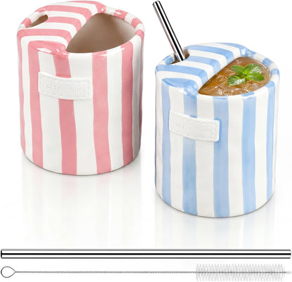 2 Pack Ceramic Mug with Sip Hole, Simple, Green, Brown | 10oz Ceramic Coffee Cup with Straws, Retro Hand Painted Striped, for Iced Coffee Tea Latte Espresso, Kitchen Dining Travel