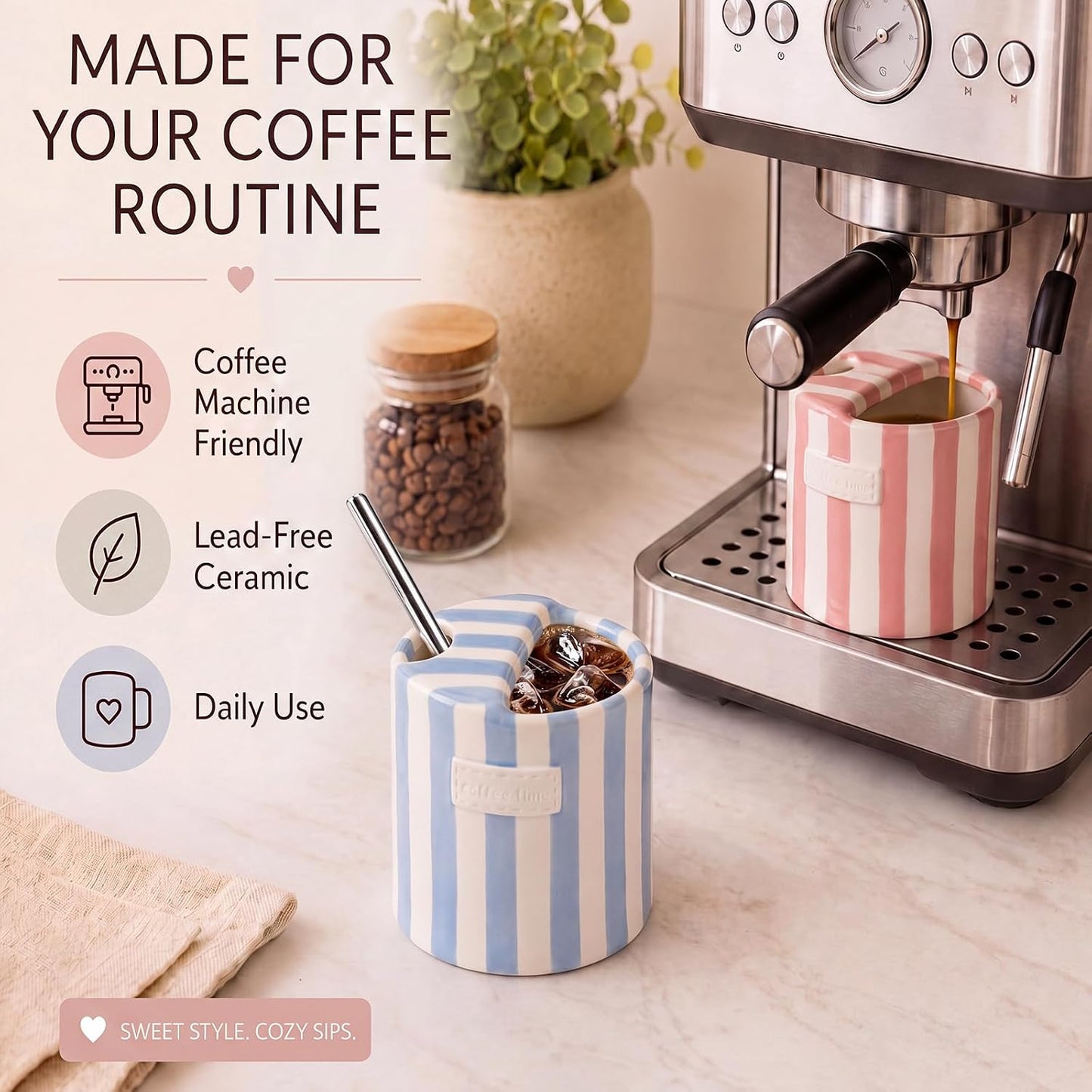 2 Pack Ceramic Mug with Sip Hole, Simple, Green, Brown | 10oz Ceramic Coffee Cup with Straws, Retro Hand Painted Striped, for Iced Coffee Tea Latte Espresso, Kitchen Dining Travel