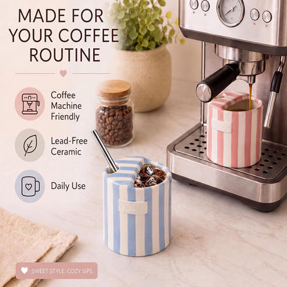 2 Pack Ceramic Mug with Sip Hole, Simple, Green, Brown | 10oz Ceramic Coffee Cup with Straws, Retro Hand Painted Striped, for Iced Coffee Tea Latte Espresso, Kitchen Dining Travel