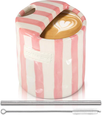 2 Pack Ceramic Mug with Sip Hole, Simple, Green, Brown | 10oz Ceramic Coffee Cup with Straws, Retro Hand Painted Striped, for Iced Coffee Tea Latte Espresso, Kitchen Dining Travel