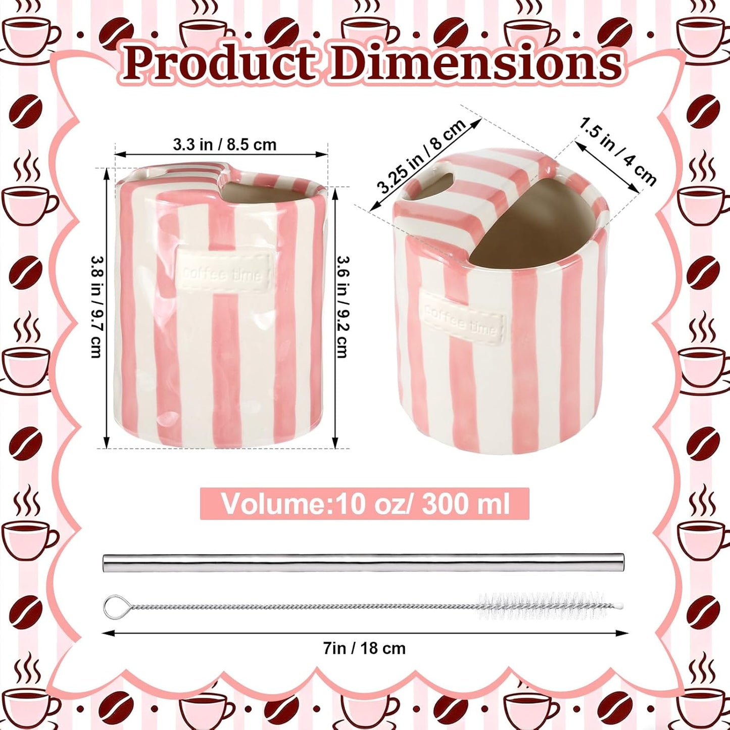 2 Pack Ceramic Mug with Sip Hole, Simple, Green, Brown | 10oz Ceramic Coffee Cup with Straws, Retro Hand Painted Striped, for Iced Coffee Tea Latte Espresso, Kitchen Dining Travel