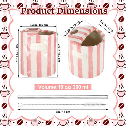 2 Pack Ceramic Mug with Sip Hole, Simple, Green, Brown | 10oz Ceramic Coffee Cup with Straws, Retro Hand Painted Striped, for Iced Coffee Tea Latte Espresso, Kitchen Dining Travel