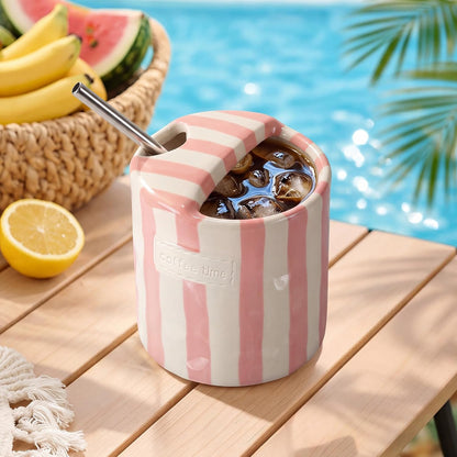 2 Pack Ceramic Mug with Sip Hole, Simple, Green, Brown | 10oz Ceramic Coffee Cup with Straws, Retro Hand Painted Striped, for Iced Coffee Tea Latte Espresso, Kitchen Dining Travel