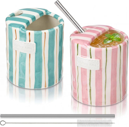 2 Pack Ceramic Mug with Sip Hole, Simple, Green, Brown | 10oz Ceramic Coffee Cup with Straws, Retro Hand Painted Striped, for Iced Coffee Tea Latte Espresso, Kitchen Dining Travel