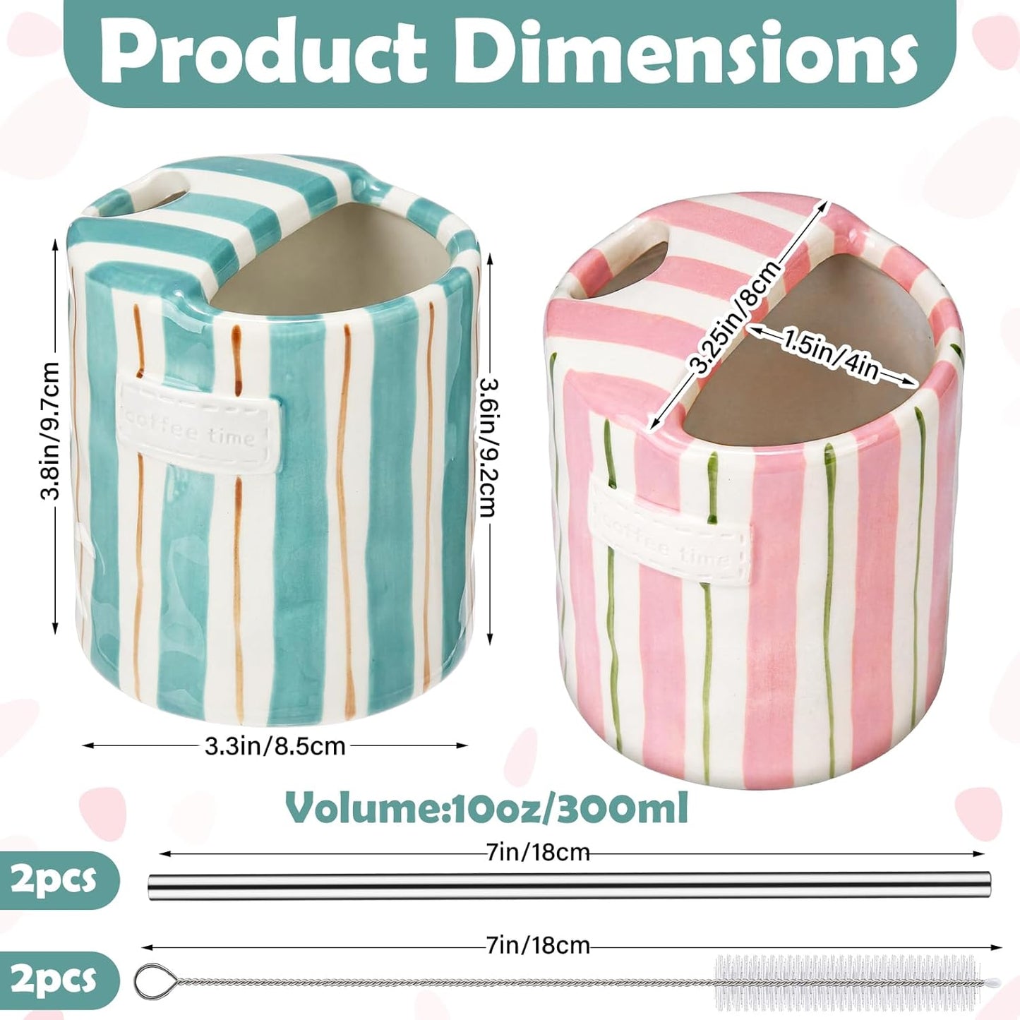 2 Pack Ceramic Mug with Sip Hole, Simple, Green, Brown | 10oz Ceramic Coffee Cup with Straws, Retro Hand Painted Striped, for Iced Coffee Tea Latte Espresso, Kitchen Dining Travel