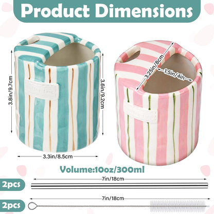 2 Pack Ceramic Mug with Sip Hole, Simple, Green, Brown | 10oz Ceramic Coffee Cup with Straws, Retro Hand Painted Striped, for Iced Coffee Tea Latte Espresso, Kitchen Dining Travel