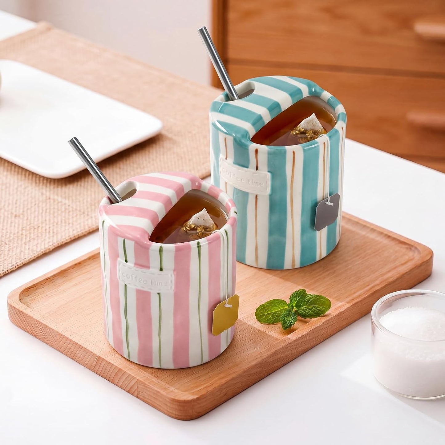 2 Pack Ceramic Mug with Sip Hole, Simple, Green, Brown | 10oz Ceramic Coffee Cup with Straws, Retro Hand Painted Striped, for Iced Coffee Tea Latte Espresso, Kitchen Dining Travel