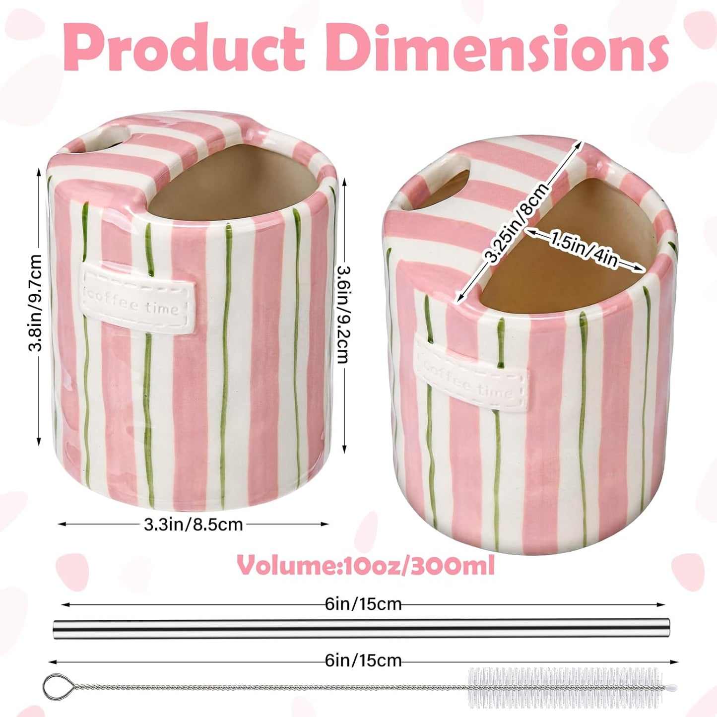 2 Pack Ceramic Mug with Sip Hole, Simple, Green, Brown | 10oz Ceramic Coffee Cup with Straws, Retro Hand Painted Striped, for Iced Coffee Tea Latte Espresso, Kitchen Dining Travel