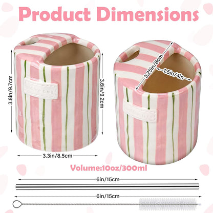 2 Pack Ceramic Mug with Sip Hole, Simple, Green, Brown | 10oz Ceramic Coffee Cup with Straws, Retro Hand Painted Striped, for Iced Coffee Tea Latte Espresso, Kitchen Dining Travel