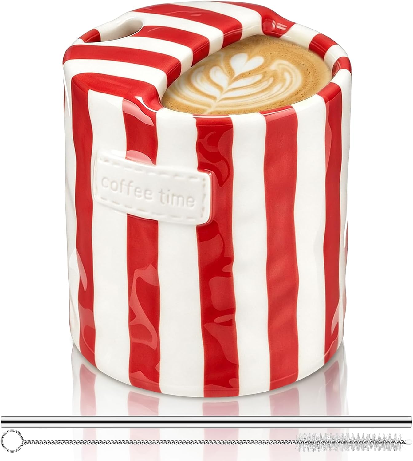2 Pack Ceramic Mug with Sip Hole, Simple, Green, Brown | 10oz Ceramic Coffee Cup with Straws, Retro Hand Painted Striped, for Iced Coffee Tea Latte Espresso, Kitchen Dining Travel