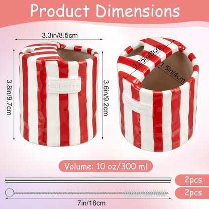 2 Pack Ceramic Mug with Sip Hole, Simple, Green, Brown | 10oz Ceramic Coffee Cup with Straws, Retro Hand Painted Striped, for Iced Coffee Tea Latte Espresso, Kitchen Dining Travel
