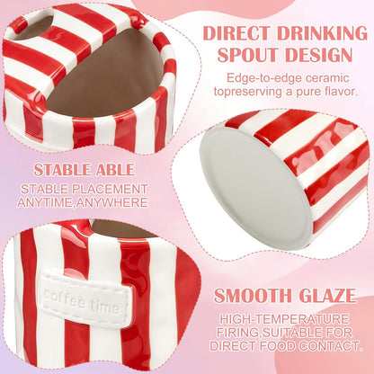2 Pack Ceramic Mug with Sip Hole, Simple, Green, Brown | 10oz Ceramic Coffee Cup with Straws, Retro Hand Painted Striped, for Iced Coffee Tea Latte Espresso, Kitchen Dining Travel