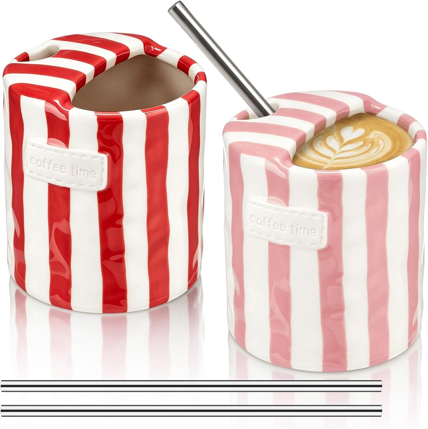 2 Pack Ceramic Mug with Sip Hole, Simple, Green, Brown | 10oz Ceramic Coffee Cup with Straws, Retro Hand Painted Striped, for Iced Coffee Tea Latte Espresso, Kitchen Dining Travel