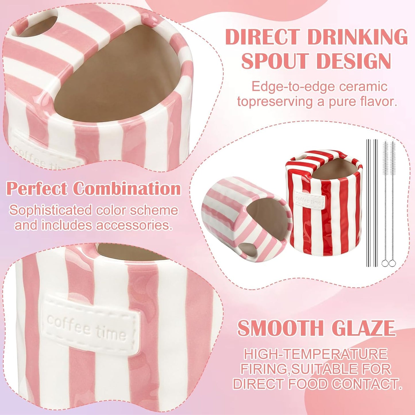 2 Pack Ceramic Mug with Sip Hole, Simple, Green, Brown | 10oz Ceramic Coffee Cup with Straws, Retro Hand Painted Striped, for Iced Coffee Tea Latte Espresso, Kitchen Dining Travel
