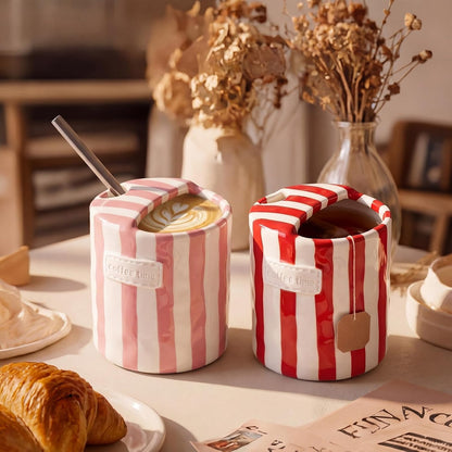 2 Pack Ceramic Mug with Sip Hole, Simple, Green, Brown | 10oz Ceramic Coffee Cup with Straws, Retro Hand Painted Striped, for Iced Coffee Tea Latte Espresso, Kitchen Dining Travel