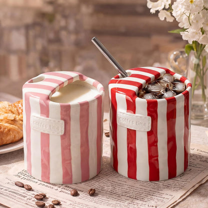 2 Pack Ceramic Mug with Sip Hole, Simple, Green, Brown | 10oz Ceramic Coffee Cup with Straws, Retro Hand Painted Striped, for Iced Coffee Tea Latte Espresso, Kitchen Dining Travel