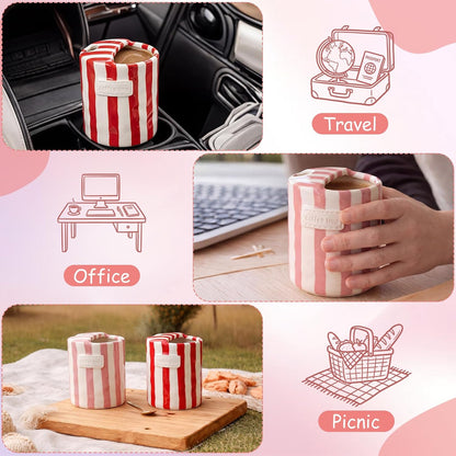 2 Pack Ceramic Mug with Sip Hole, Simple, Green, Brown | 10oz Ceramic Coffee Cup with Straws, Retro Hand Painted Striped, for Iced Coffee Tea Latte Espresso, Kitchen Dining Travel