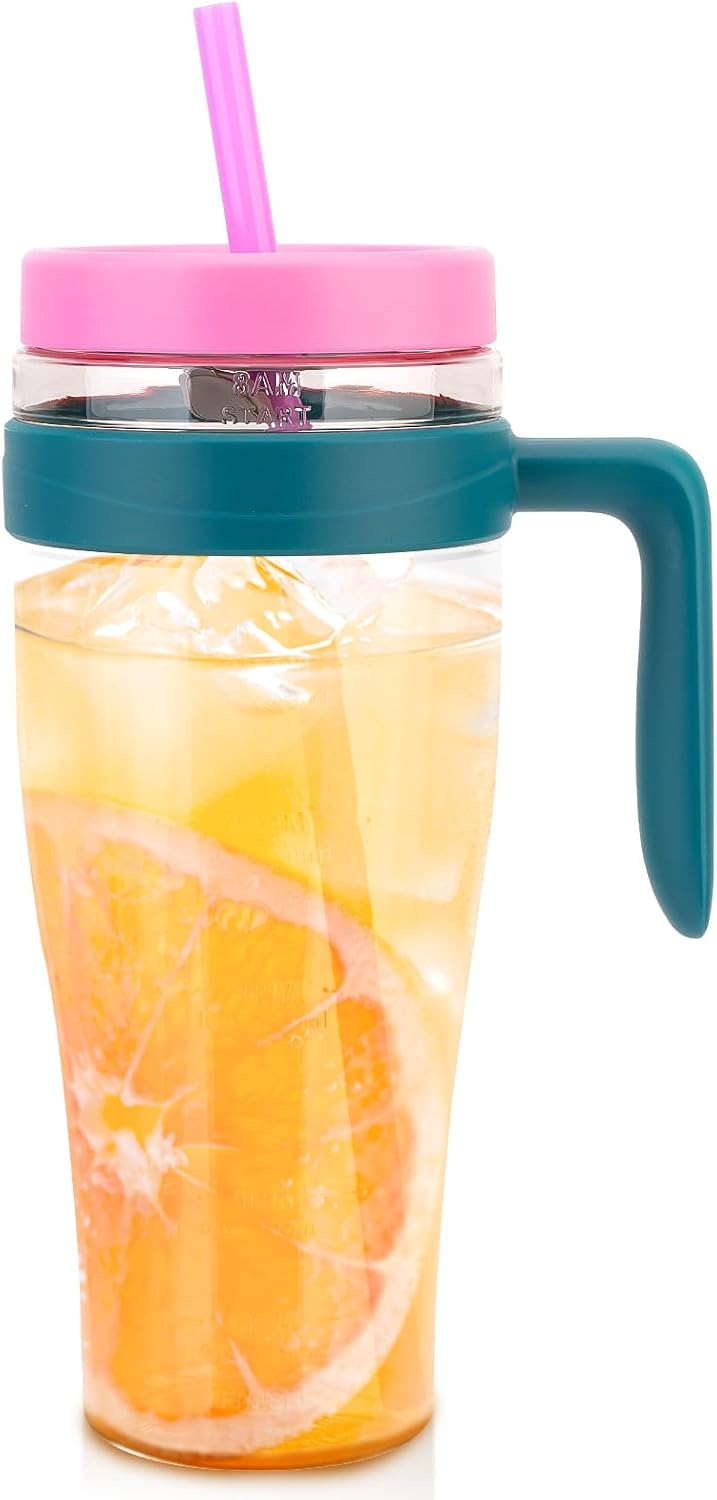 50 oz Tritan Plastic Tumbler with Lid and Straw and Handle - 100% Leak-Proof - Perfect for Iced Coffee, Smoothies, and Juice - Wide Mouth Reusable Water Bottle with Time Marker