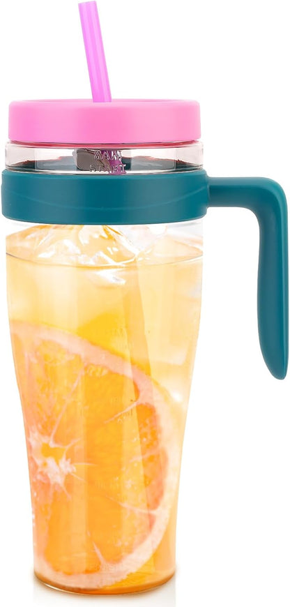 50 oz Tritan Plastic Tumbler with Lid and Straw and Handle - 100% Leak-Proof - Perfect for Iced Coffee, Smoothies, and Juice - Wide Mouth Reusable Water Bottle with Time Marker
