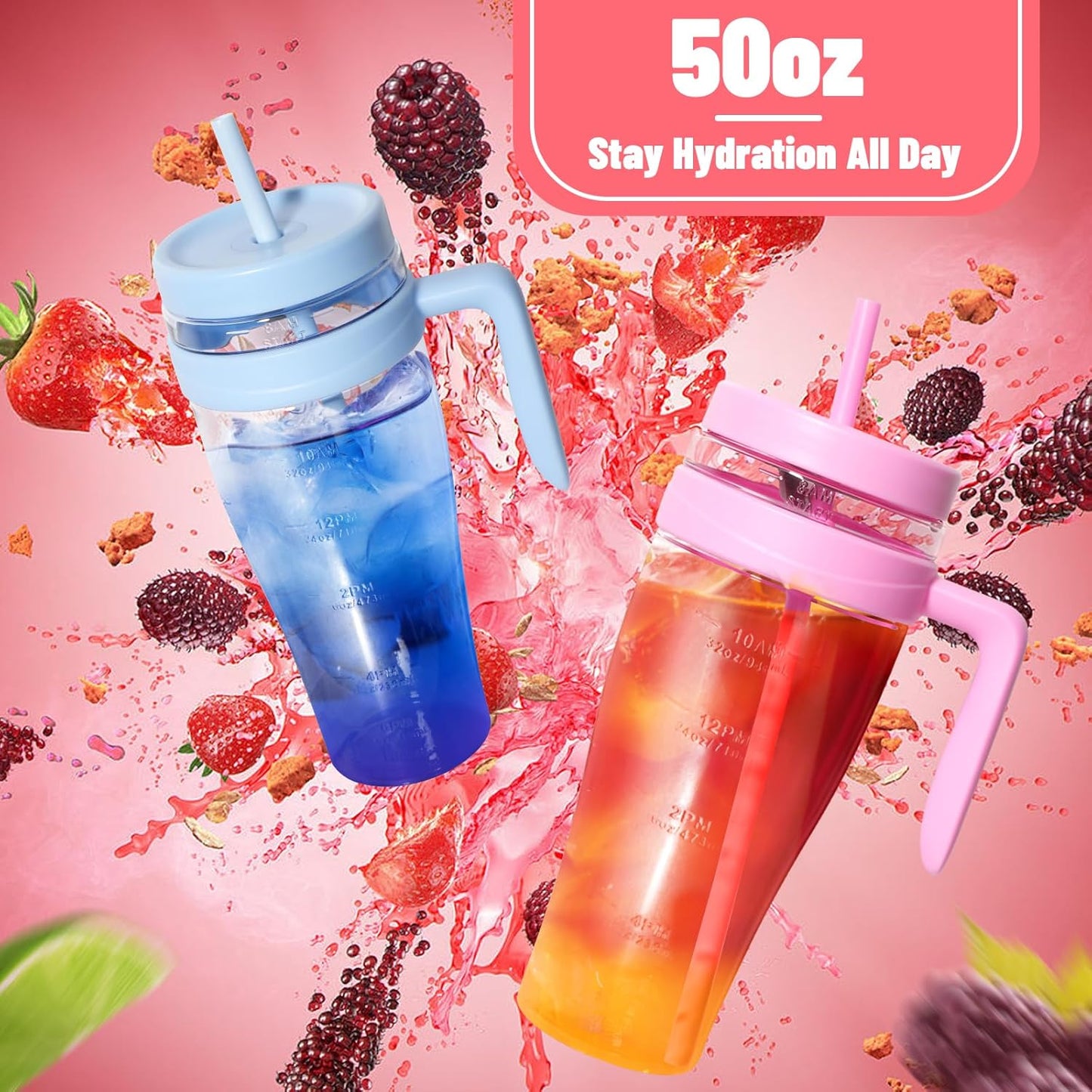 50 oz Tritan Plastic Tumbler with Lid and Straw and Handle - 100% Leak-Proof - Perfect for Iced Coffee, Smoothies, and Juice - Wide Mouth Reusable Water Bottle with Time Marker