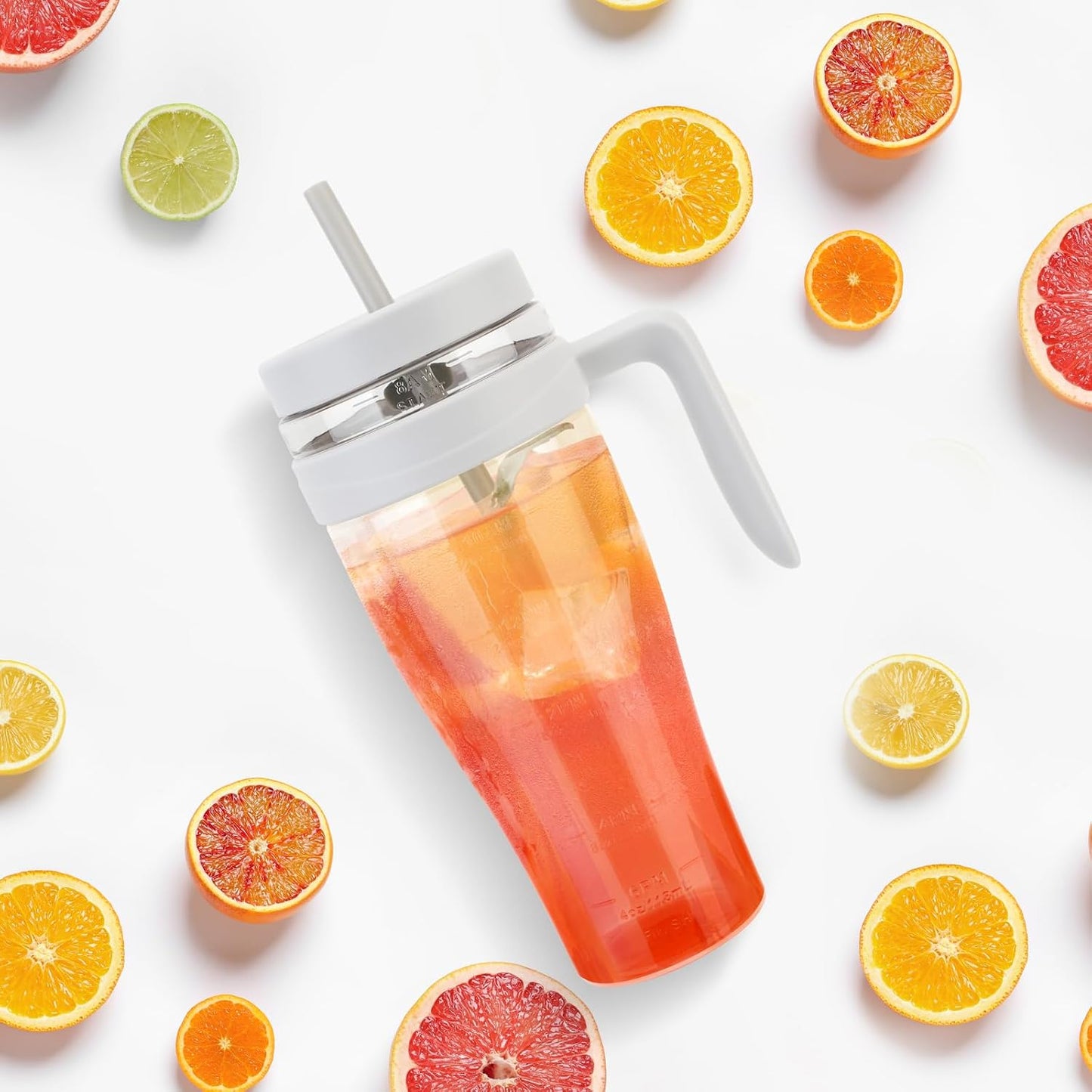 50 oz Tritan Plastic Tumbler with Lid and Straw and Handle - 100% Leak-Proof - Perfect for Iced Coffee, Smoothies, and Juice - Wide Mouth Reusable Water Bottle with Time Marker