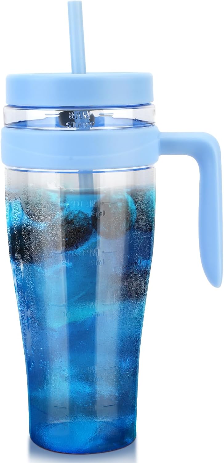 50 oz Tritan Plastic Tumbler with Lid and Straw and Handle - 100% Leak-Proof - Perfect for Iced Coffee, Smoothies, and Juice - Wide Mouth Reusable Water Bottle with Time Marker