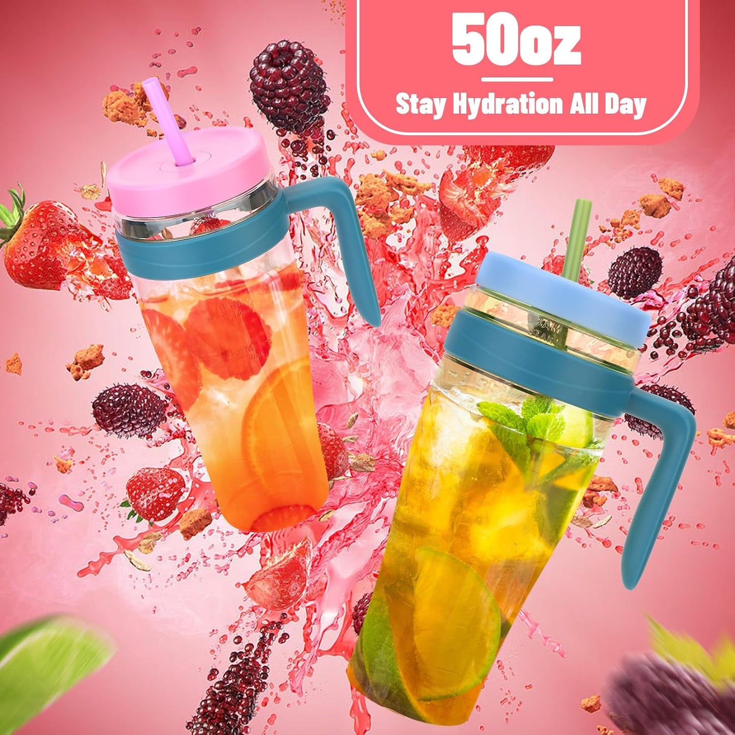 50 oz Tritan Plastic Tumbler with Lid and Straw and Handle - 100% Leak-Proof - Perfect for Iced Coffee, Smoothies, and Juice - Wide Mouth Reusable Water Bottle with Time Marker