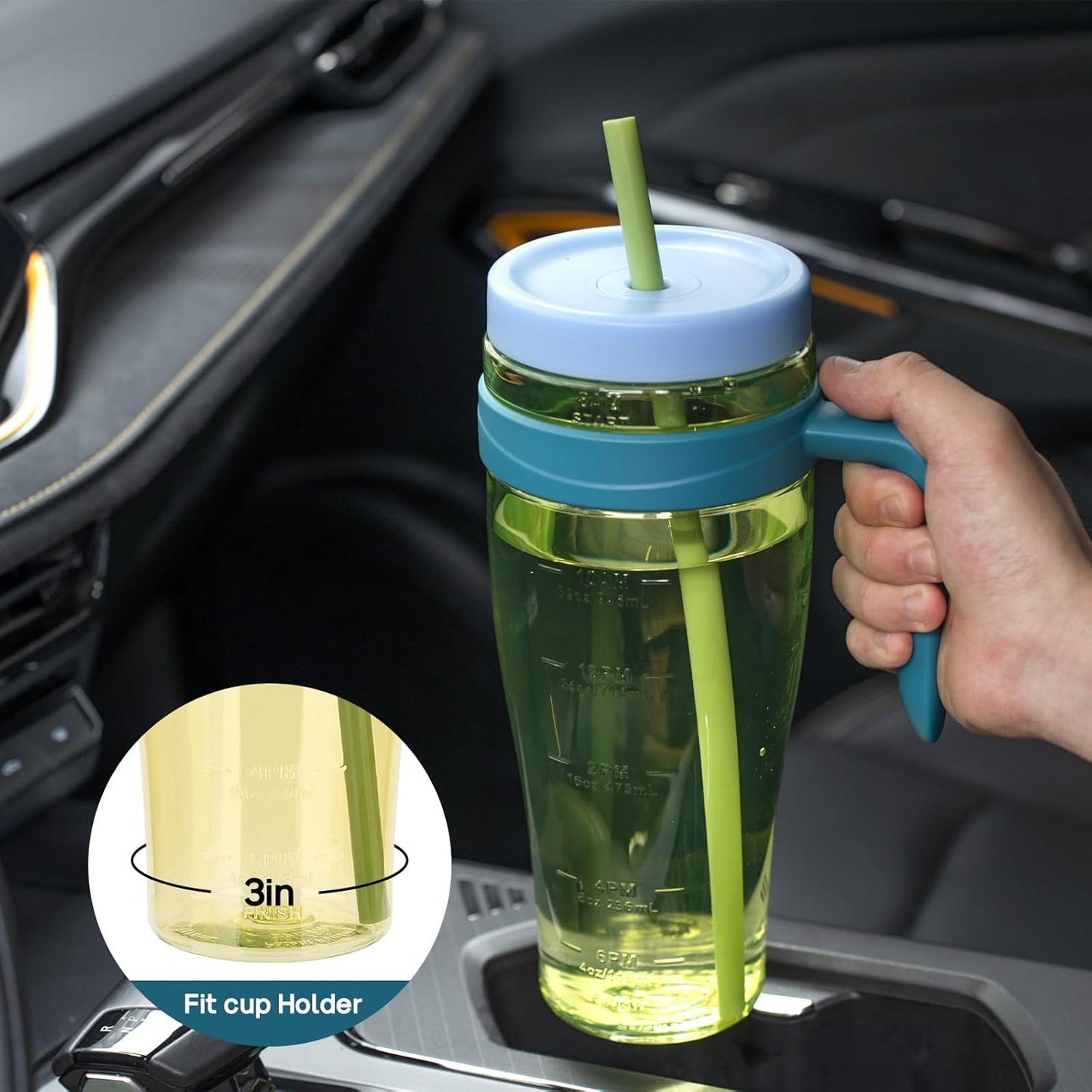 50 oz Tritan Plastic Tumbler with Lid and Straw and Handle - 100% Leak-Proof - Perfect for Iced Coffee, Smoothies, and Juice - Wide Mouth Reusable Water Bottle with Time Marker