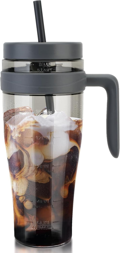 50 oz Tritan Plastic Tumbler with Lid and Straw and Handle - 100% Leak-Proof - Perfect for Iced Coffee, Smoothies, and Juice - Wide Mouth Reusable Water Bottle with Time Marker
